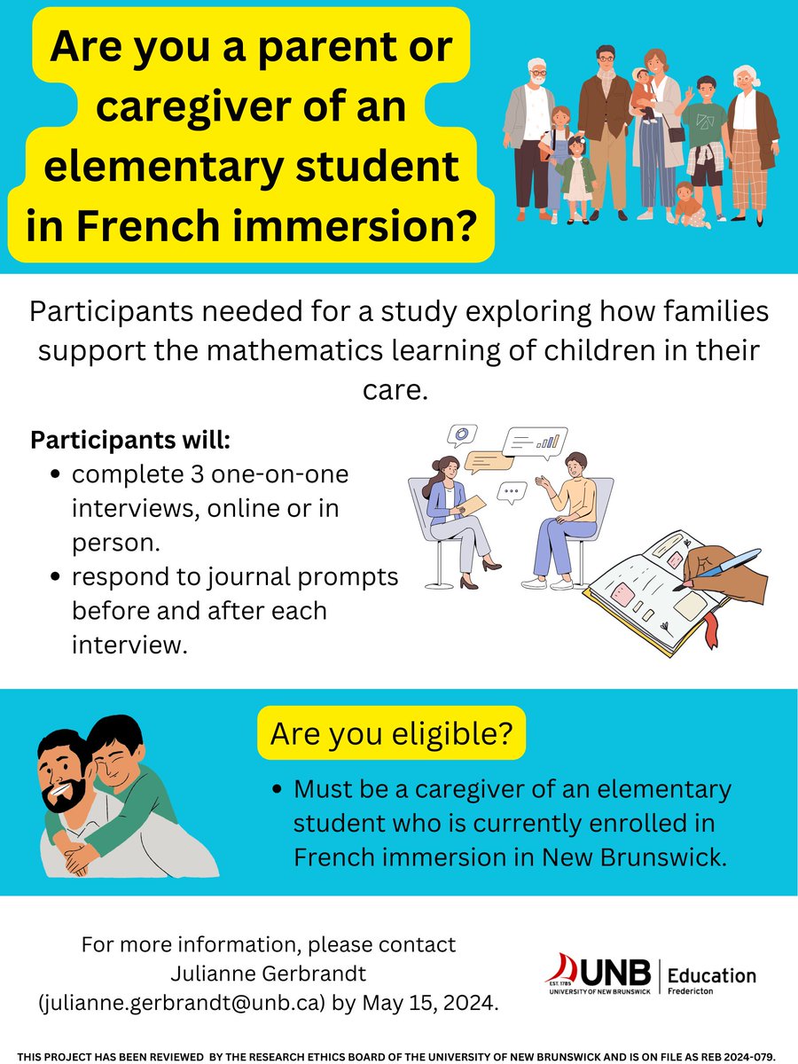 Calling all caregivers of elementary French immersion students in NB! Please consider participating in this study exploring how families support the mathematics learning of children in their care.