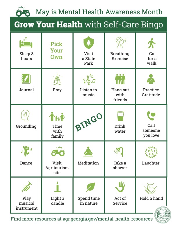 May marks #MentalHealthAwarenessMonth, & we're proud to stand with Georgia's ag community in support. Explore our new Mental Health & Agriculture webpage, packed with essential resources & insights, like Self-Care Bingo. Check it out ⬇️ agr.georgia.gov/mental-health-…
