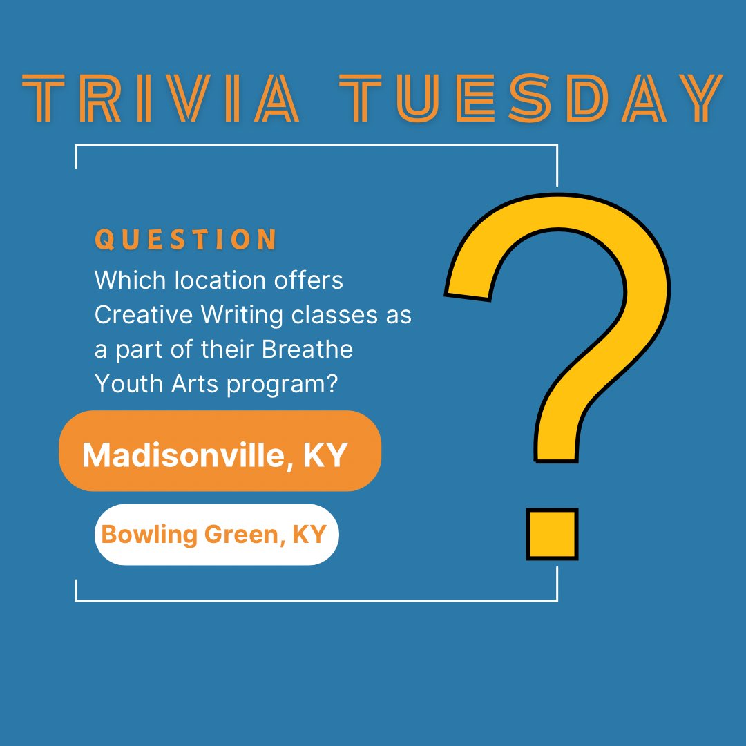 It’s Trivia Tuesday! Make sure to answer the trivia questions in our stories to test your knowledge of Light of Chance! 💡✨

#lightofchance #breatheyoutharts #youtharts #music #dance #visualarts #culinary #creativewriting #madisonvilleky #bowlinggreenky