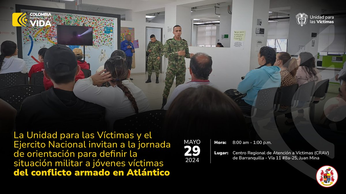 📢| La @UnidadVictimas y @COL_EJERCITO invitan a la jornada de orientación para definir la situación militar a jóvenes víctimas del conflicto armado en Atlántico

📆 29 de mayo
⏰ 8:00 a.m. - 1:00 p.m.
📍CRAV de Barranquilla

#CambiamosParaServir