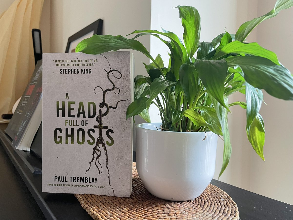 I’ve seen a lot of ‘matching books to outfits’ threads recently so here is my very serious one for some books of mine and things in my apartment.

First we have A Head Full of Ghosts by @paulGtremblay & my plant 

(this is the high watermark, it gets much worse hereon in)