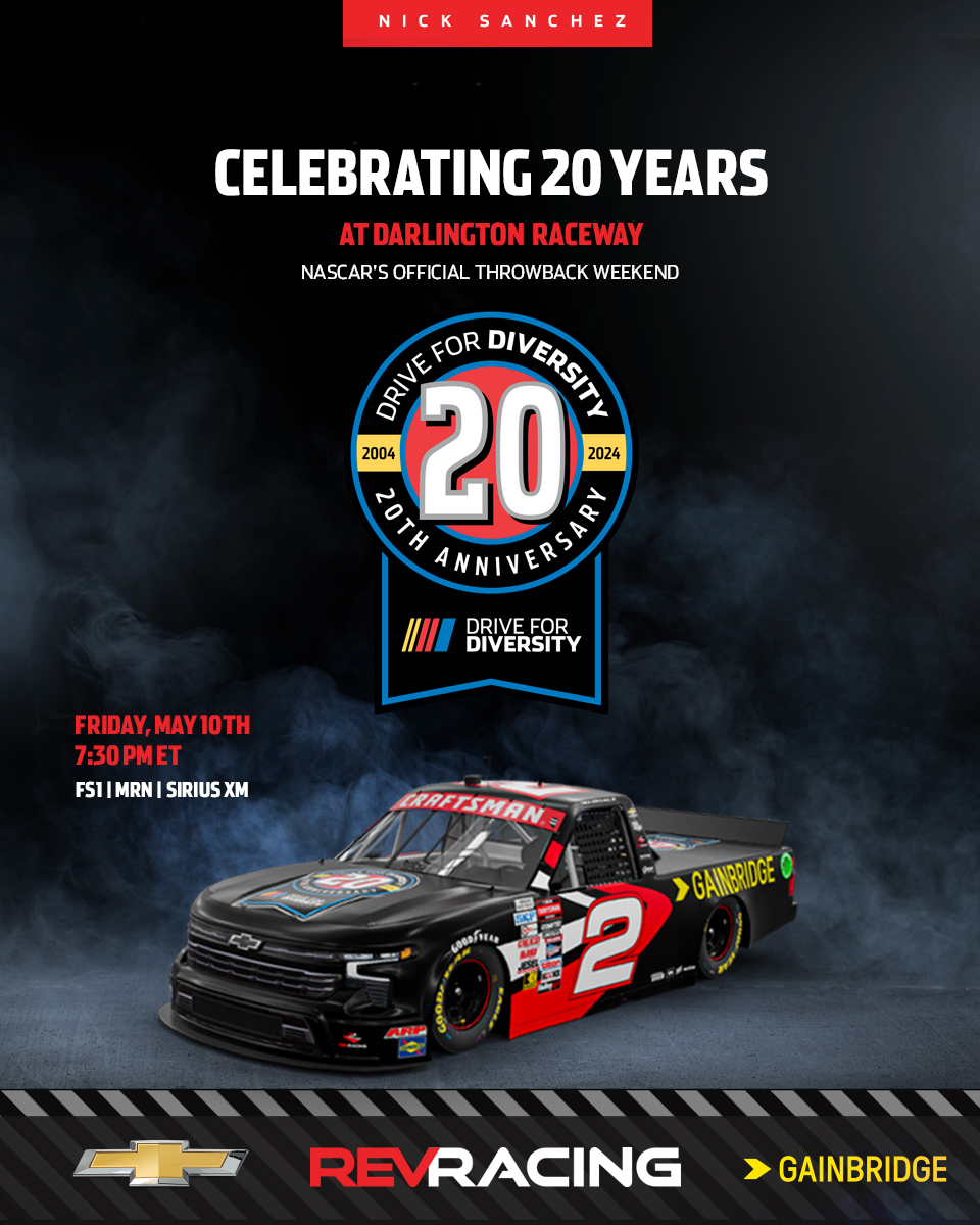 Celebrating the 20th Anniversary of @NASCARDiversity at @TooToughToTame during @NASCAR's official #NASCARThrowback weekend. 👉Read more: bit.ly/3WtbiR9 @Nicksanchez080 will run the No. 2 @GainbridgeLife/20th Anniversary Chevrolet @NASCAR_Trucks | @GainbridgeSport |…