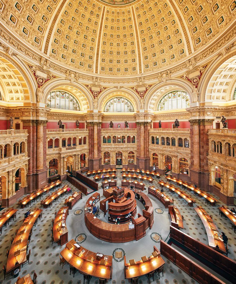 Today, the world's largest is the Library of Congress, Washington, D.C. — a gem of the beaux-arts era. The British once burned it down in 1812, so Jefferson donated his entire private library to restock it. Now, 12,000 items are added to it daily.