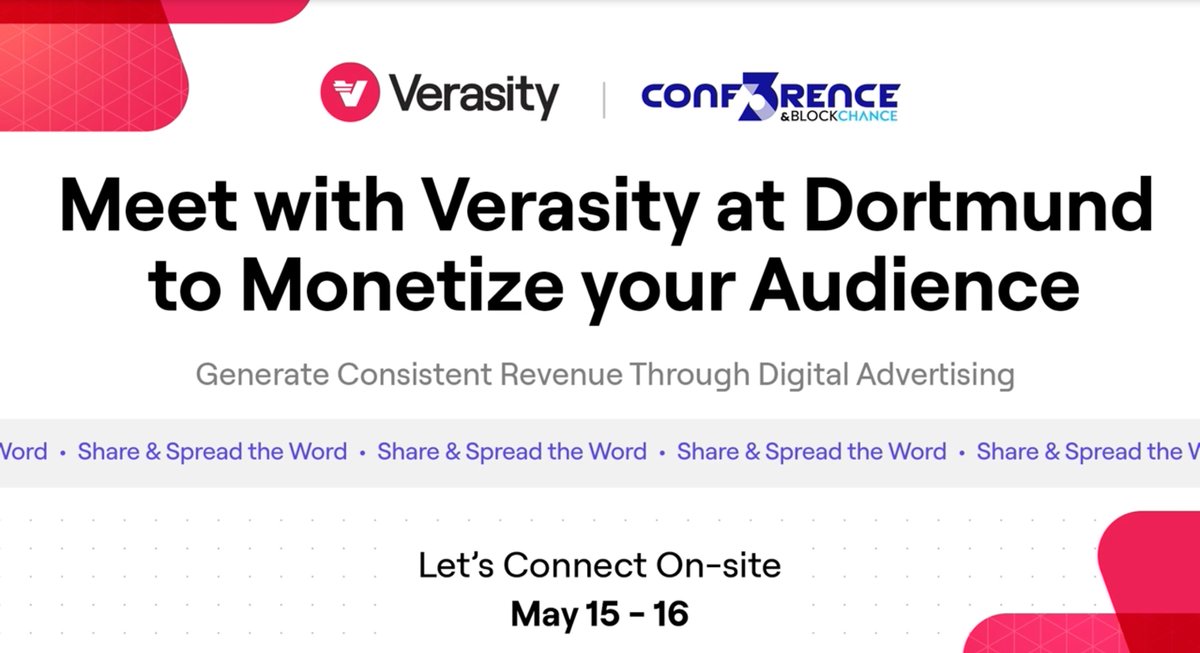 🚀 Dive into the future of digital advertising with @verasitytech at @conf3rence 🌐✨

🔗 Meet the pioneers behind the first patented #adtech blockchain protocol. Learn how you can monetize your audience and generate consistent revenue ! 💡📈 Don't miss out  #Verasity