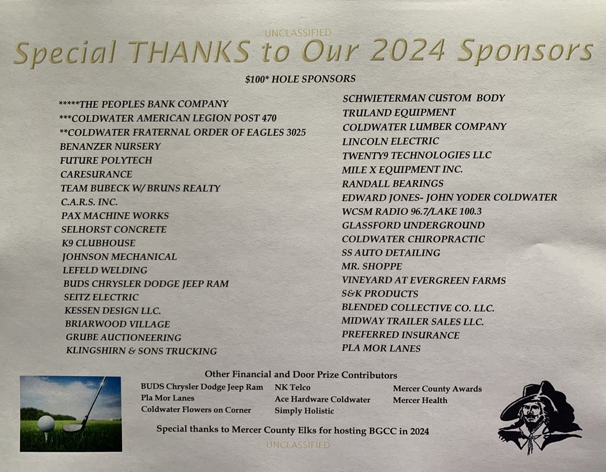 Today we GIVE THANKS to our fine sponsors of this year’s outing. This is one of only two events (other being calendars) where we ask for financial support from local businesses. Our club is only as good as the community that supports us. Thanks!!