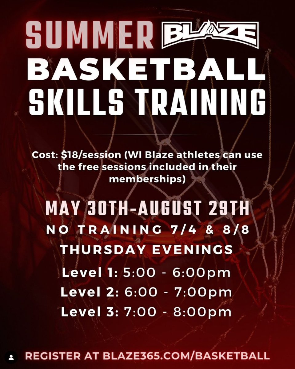 Take your game to the next level this summer with basketball training sessions at Blaze! Our experienced trainers will make sure you get the well-rounded training you need to make a statement on and off the court 🏀 #wisconsinblaze #betheflame🔥🏀