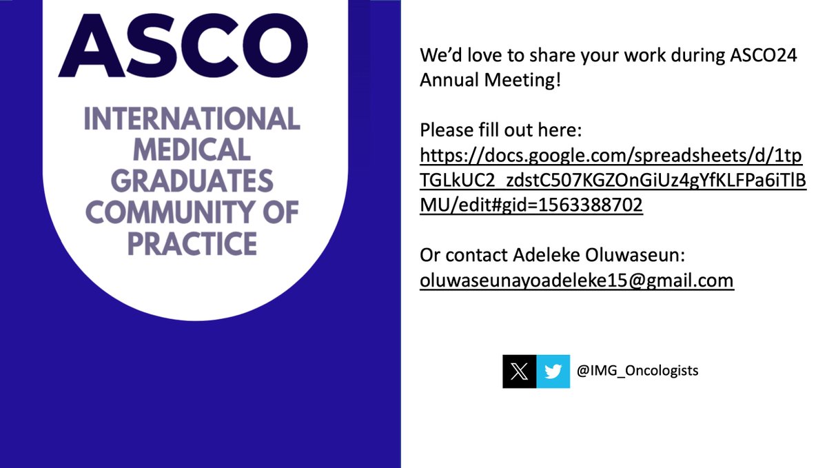 🚀 Attention #IMG Community! 🚀 As ASCO-IMG Research & Publication, we want to spotlight your research at the #ASCO24! 🌟 Let’s share your oral or poster presentation during ASCO! 👇 Fill out here: docs.google.com/spreadsheets/d… Or contact Adeleke📧: oluwaseunayoadeleke15@gmail.com