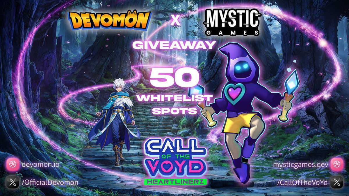 📍BIG ANNOUNCEMENT 🎉

Exciting collaboration @CallOfTheVoYd 🔥

🔗Devomon x Call of the VoYd  ✅

💰: 50 Whitelist Spots
⏳: 7 Days

To enter: 
1. Follow @CallOfTheVoYd & @OfficialDevomon on twitter
2. RT and ❤️ this tweet
3. Join discord.com/invite/x7WxvQX…
4. Join…