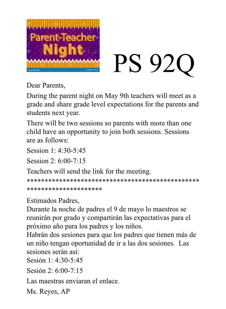 Our Spring Parent-Teacher Night will be this Thursday, May 9th.