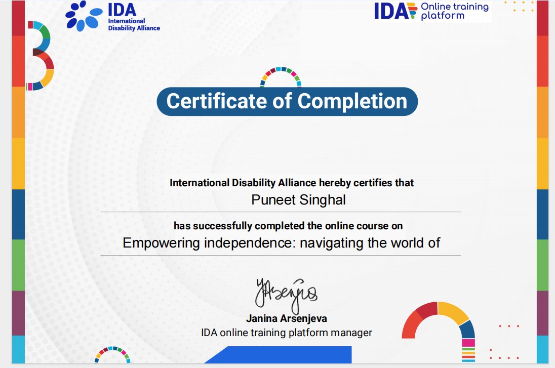 I am delighted to share that I have successfully completed the @IDA_CRPD_Forum online course 'Empowering Independence: Navigating the World of Assistive Technology'. 

#WeAreBillionStrong #AssistiveTechnology #SDGs #DisabilityInclusion