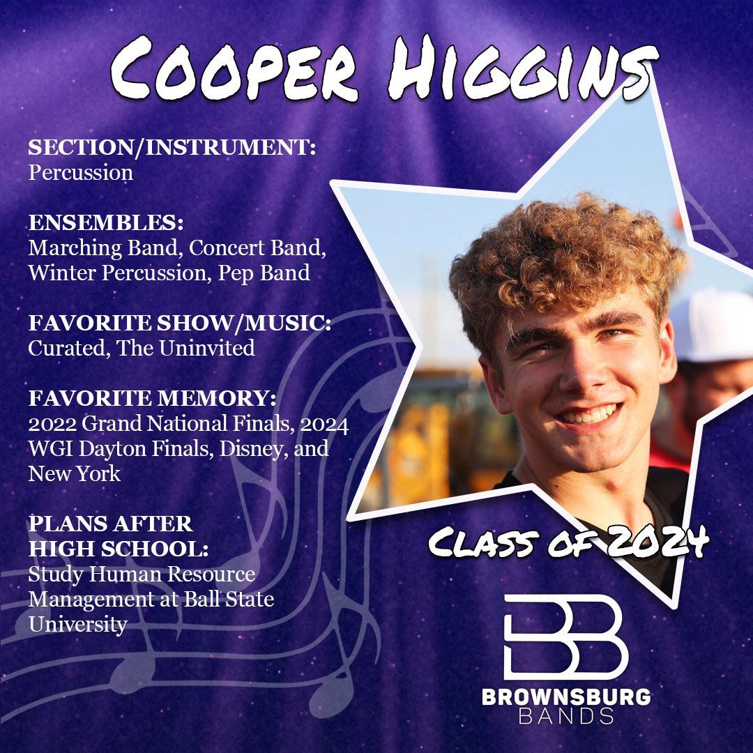 In May, we're recognizing & celebrating our talented seniors from the Brownsburg Band, Guard and Orchestra programs. Cooper, thank you for your dedication, passion and inspiring performances. 

Wishing you all the best in your future endeavors. #bulldogproud #classof2024