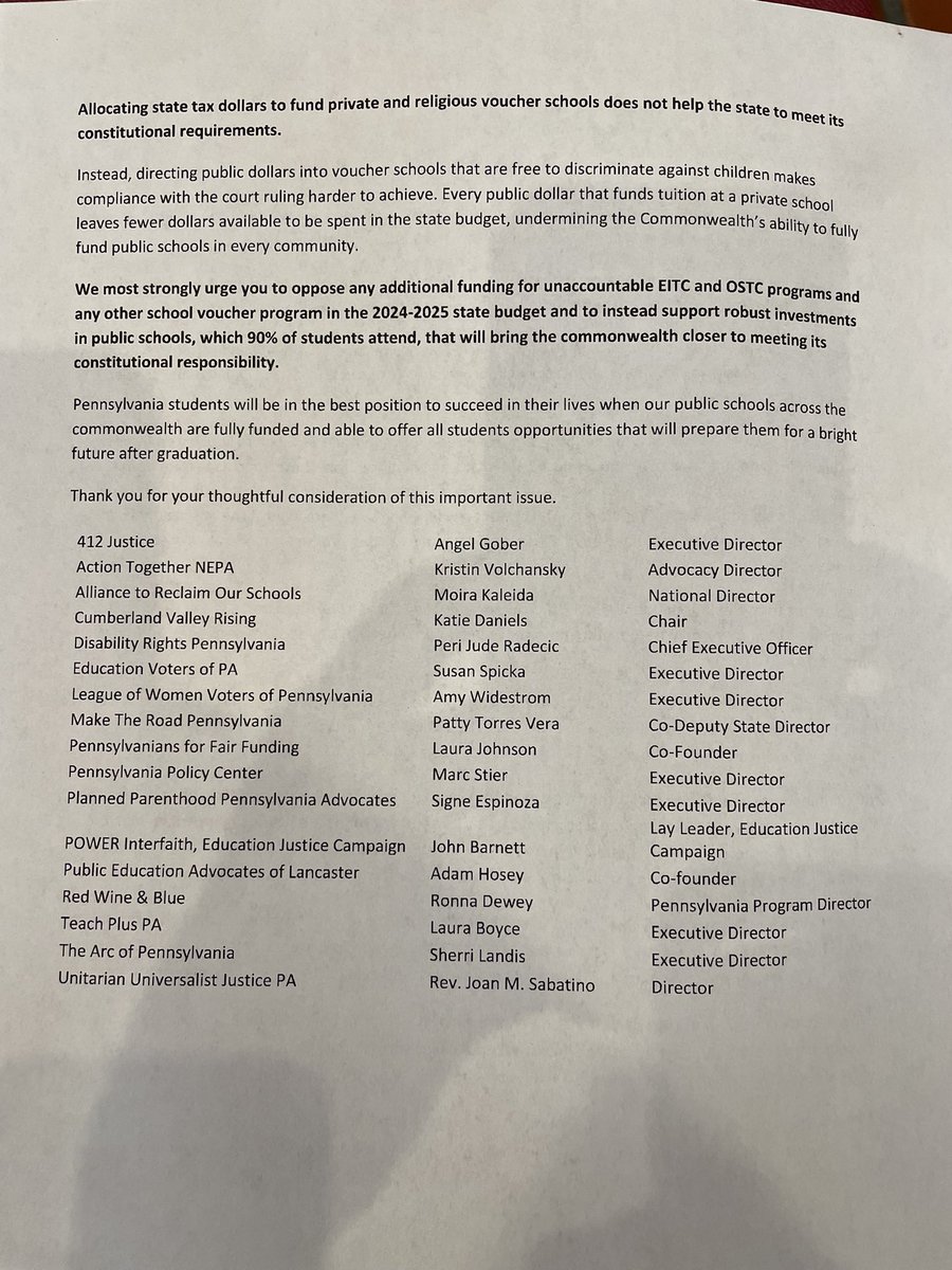 This letter urging opposition to vouchers was set to every PA lawmaker today. Spending more $$ on vouchers for unaccountable and discriminatory private schools does not bring PA one one dollar closer to constitutional compliance. edvoterspa.org/wp-content/upl…