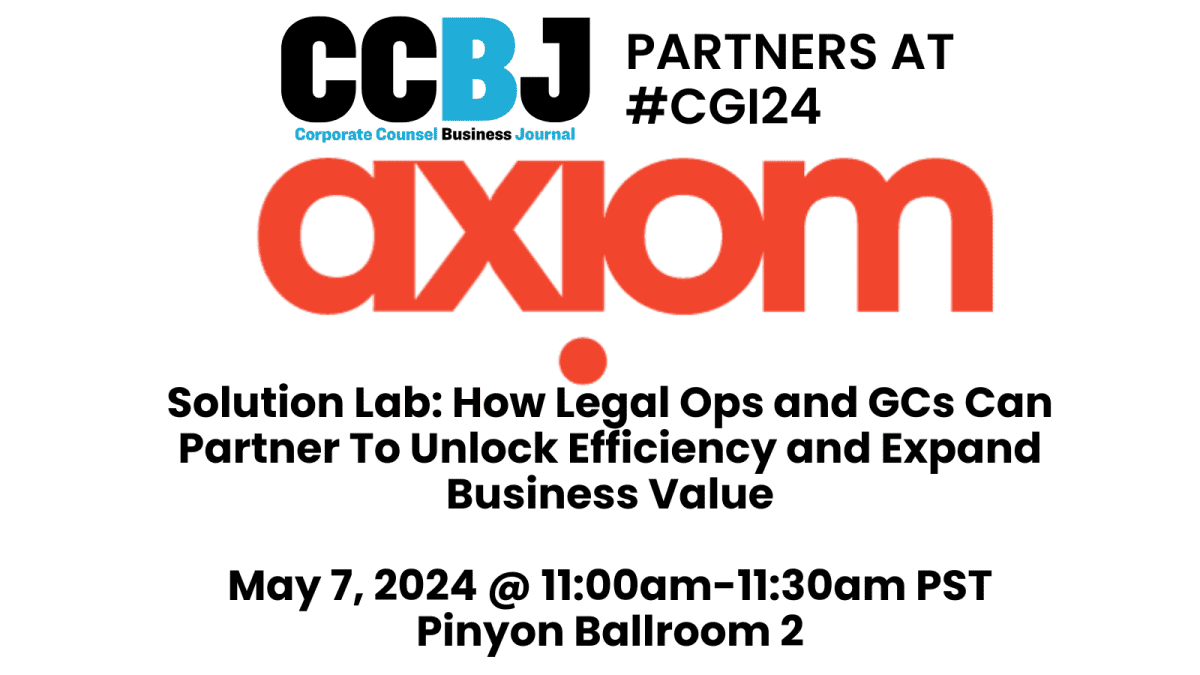 CCBJ supports our Network Partners at #CGI24! Axiom, Booth #112 @Axiom_Law_Law 

See Heather Jacobson speak at Solution Lab: How Legal Ops and GCs Can Partner To Unlock Efficiency and Expand Business Value, 11:00 a.m. - 11:30 a.m. PST in Pinyon Ballroom 2 

#CLOC #legal …