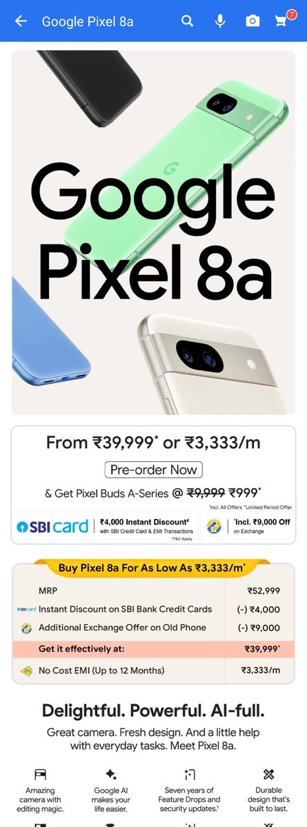 ⚠️ NEWS - Google has officially launched the Pixel 8a in India! Key Specs - - 6.1 inch 120Hz FHD OLED Display - Gorilla Glass 3 Protection - Google Tensor G3 w/ Google AI - 7 Years of Updates - 4400 mAh Battery w/ 18W charging - 64+13MP Camera Setup Pixel 8a starts at @