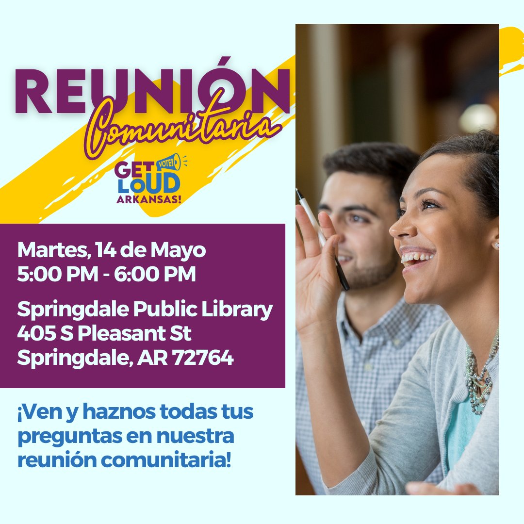 Join us for our Community Town Hall at the Springdale Public Library on Tuesday, May 14th at 5:00 PM!

#getloudarkansas #arkansas #vote #voterregistration #springdale #northwestarkansas