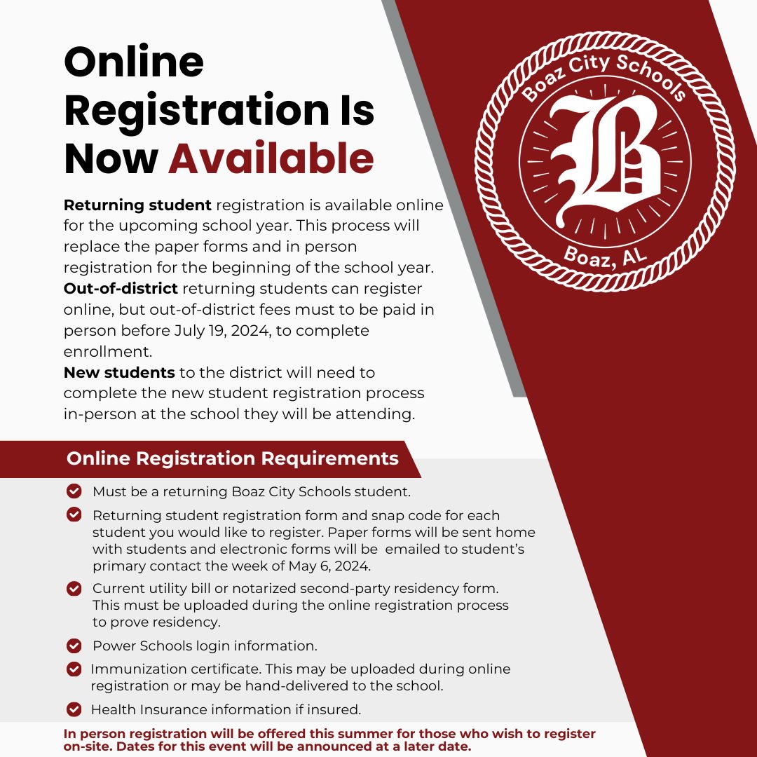 Returning students can register for the 2024-2025 school year online!  For step-by-step instructions on using your student's snap-code, sent home on May 6, 2024, to register your student online, please watch this instructional video: youtu.be/Dj7HP3TdTeA.