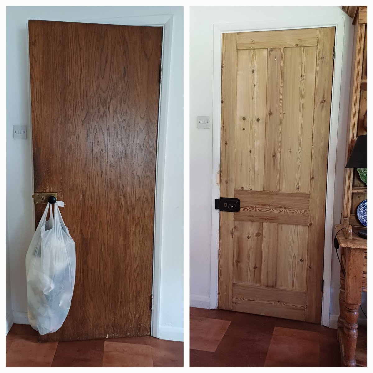 Another 1 of 7 in all, supply & fit reclaimed Victorian 4 panel doors for a 19th century village home. 
Replacing the 60's replacements and reinstating some period charm.
Client's quote: 'Transforming the space'. That'll do me!
Hope they find somewhere else for the rubbish! 😬