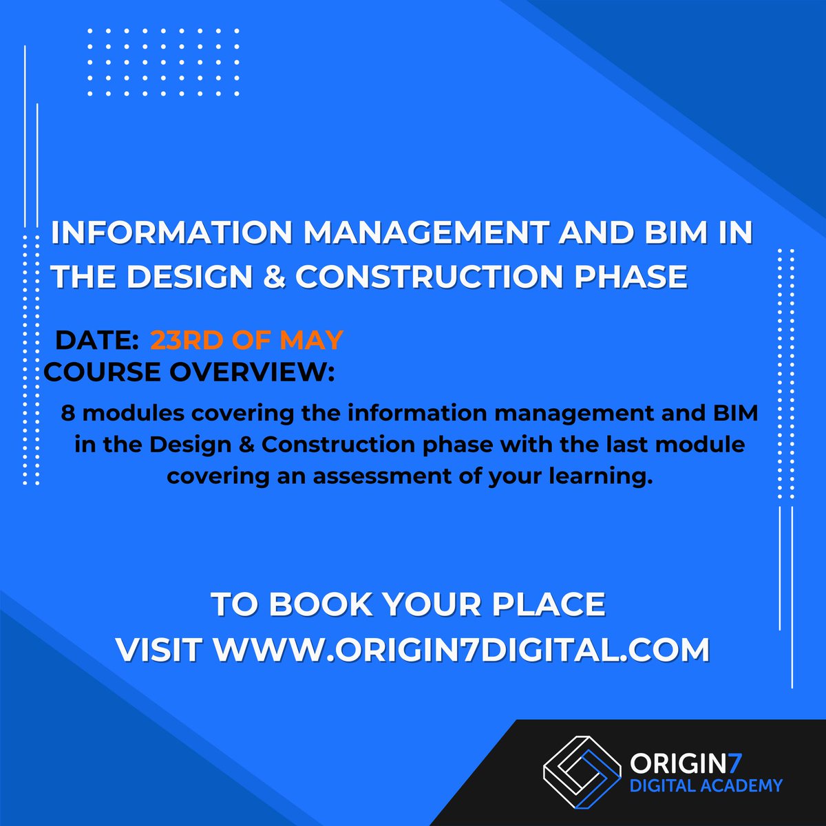 New live training dates now available! 

- 22nd of May: Fundamentals of Information Management & BIM
- 23rd of May: Information Management and BIM in the Design & Construction phase

To book your space visit origin7digital.com

 #bim #construction #informationmanagement