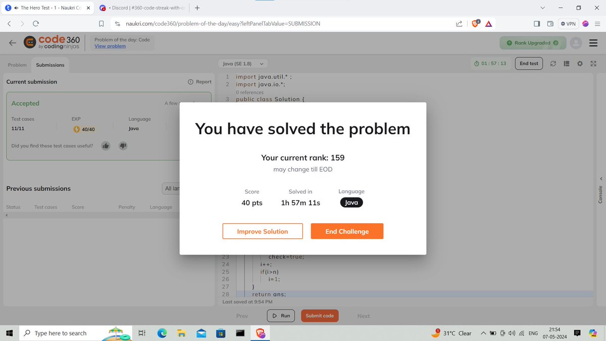 AniketKhatawkar's tweet photo. Hello All,
I have completed #Day07 of #360codestreakwithCODE360 Challenge with
@CODING_NINJA
Today I solved the question β The Hero Test - 1
#Coderclandiscord #codewithCODE360 #360codestreakwithCODE360 #360DaysofCode https://t.co/qbqBAOYMH2