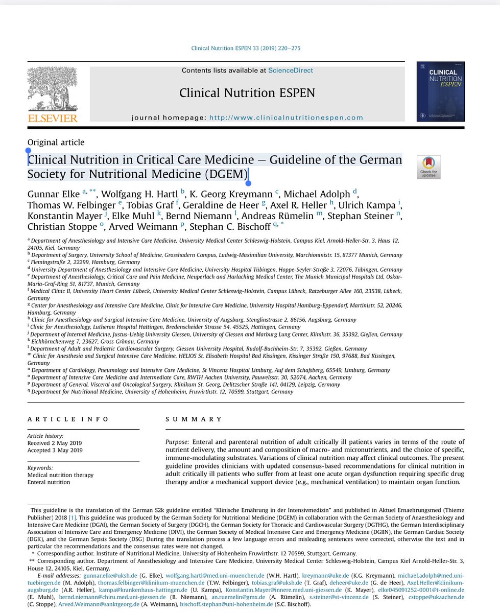 Clinical Nutrition in Critical Care Medicine e Guideline of the German Society for Nutritional Medicine (DGEM) يمكن تحميل النسخة الكاملة من التوصيات من هذا الرابط 👇🏻 clinicalnutritionespen.com/article/S2405-…