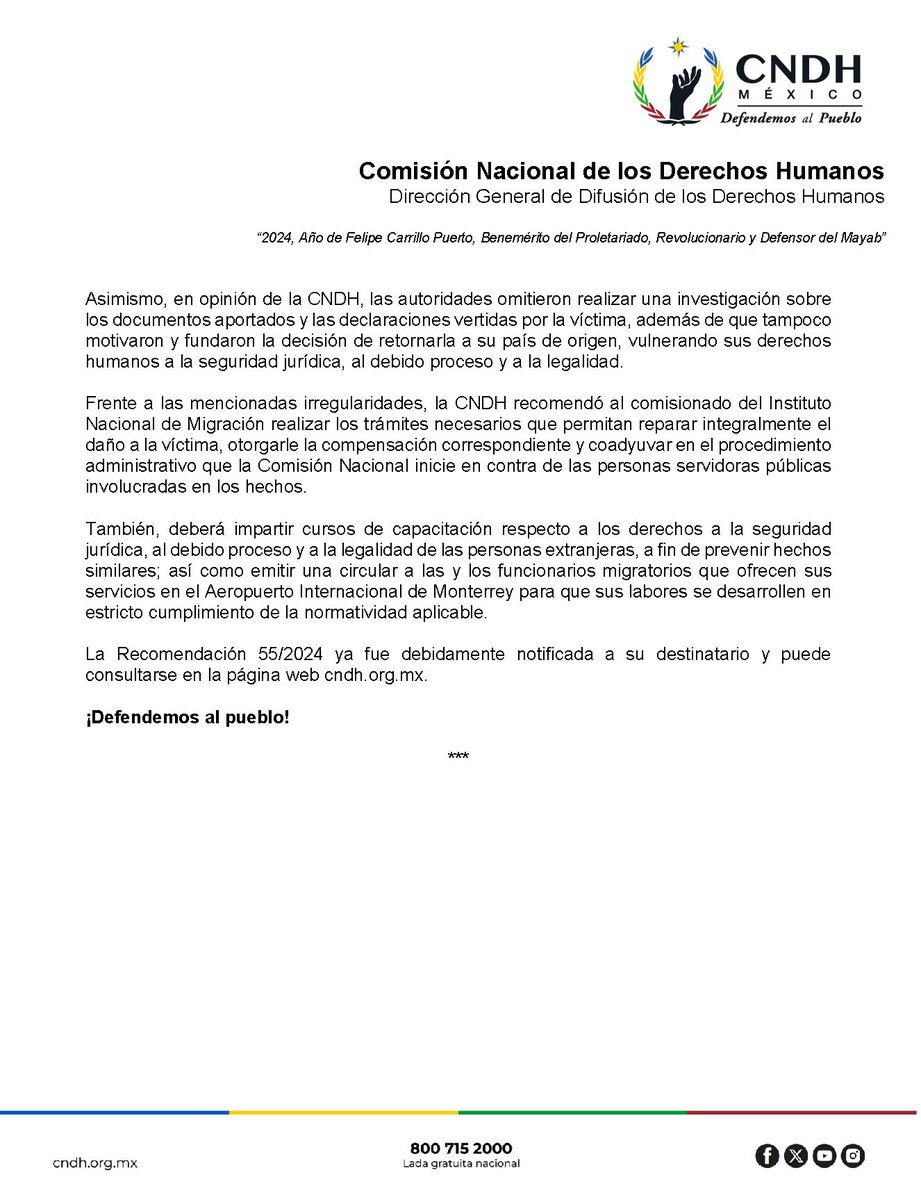 Por vulnerar los #Derechos de un ciudadano colombiano, a quien se le negó el ingreso a territorio mexicano, dirigimos la #Recomendación 55/2024 al @INAMI_mx. Revísala 👉🏾 rb.gy/fa18zg #DefendemosAlPueblo