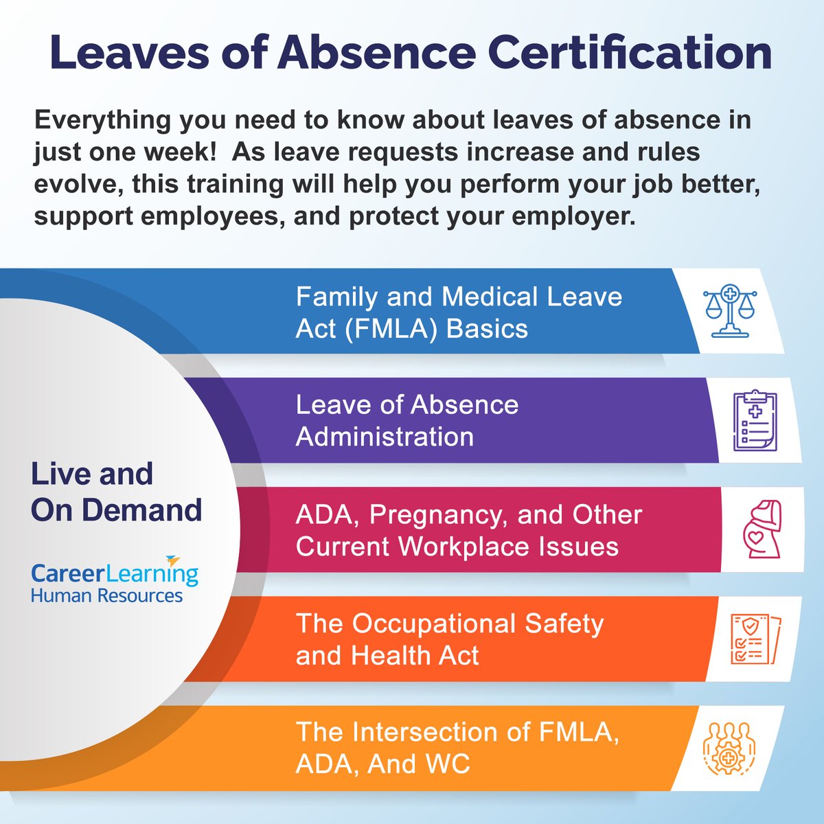 🌟 Leaves of Absence Certification Workshop 📜✨ May 20-24, 2024! Stay updated on rising leave requests & evolving rules. 🚀 Register now & earn your certification! 📚 bit.ly/LOACert24 
#HRTraining #LeavesOfAbsence #Certification #CareerLearning