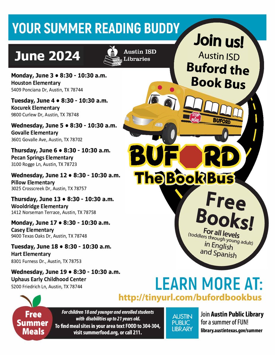 Don't miss the chance to get free books from Austin ISD's Buford the Book Bus this summer! You can visit any or all of the locations in the month of June!