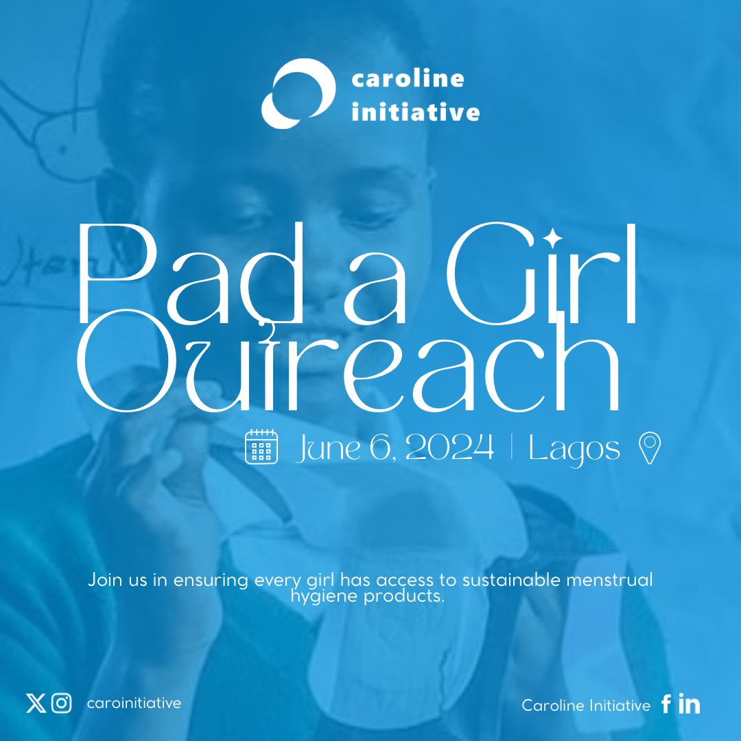 Join us on June 6th, 2024, for our Pad a Girl Outreach in Ojo, Lagos State. Let's empower school girls with sanitary pads, and menstrual support. Together, we can make a difference!

#Carolinelnitiative #PadaGirl #MenstrualSupport
#GirlsEmpowerment #PeriodPoverty #MenstrualHealth