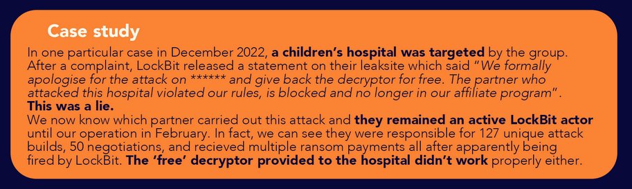 The FBI, NCA UK, and EUROPOL state that when Lockbit ransomware group ransomed SickKids Canada, LockbitSupp failed to deliver a working decryption key to the childrens hospital.