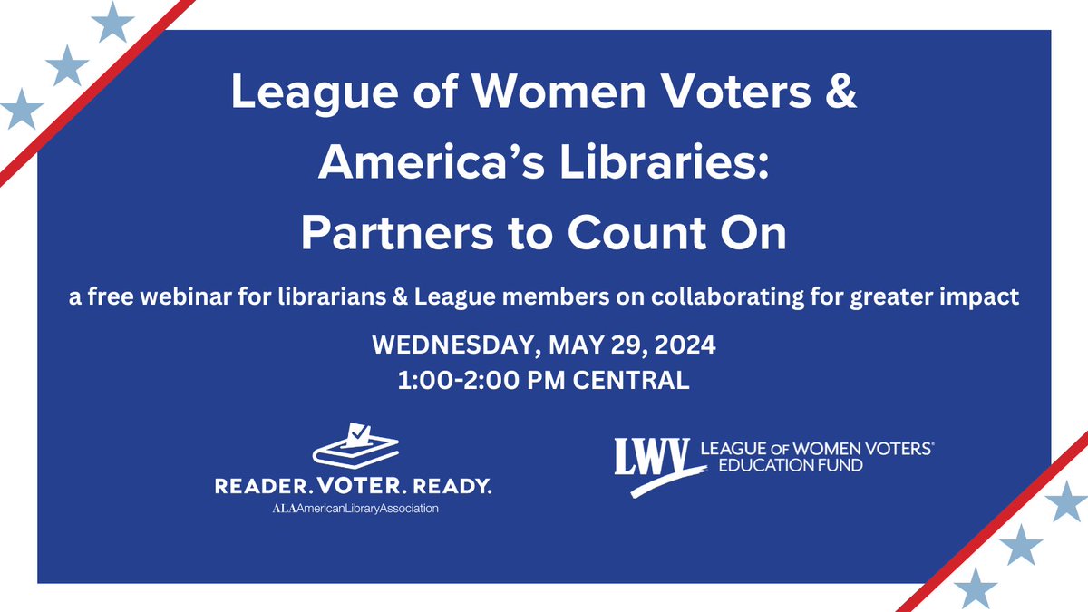 🗳️🗳️ ALA is teaming up with @LWV to equip libraries to get #ReaderVoterReady for the 2024 elections! Learn how some libraries already partner successfully with their Leagues at our free May 29 webinar: ala.org/news/2024/05/a…