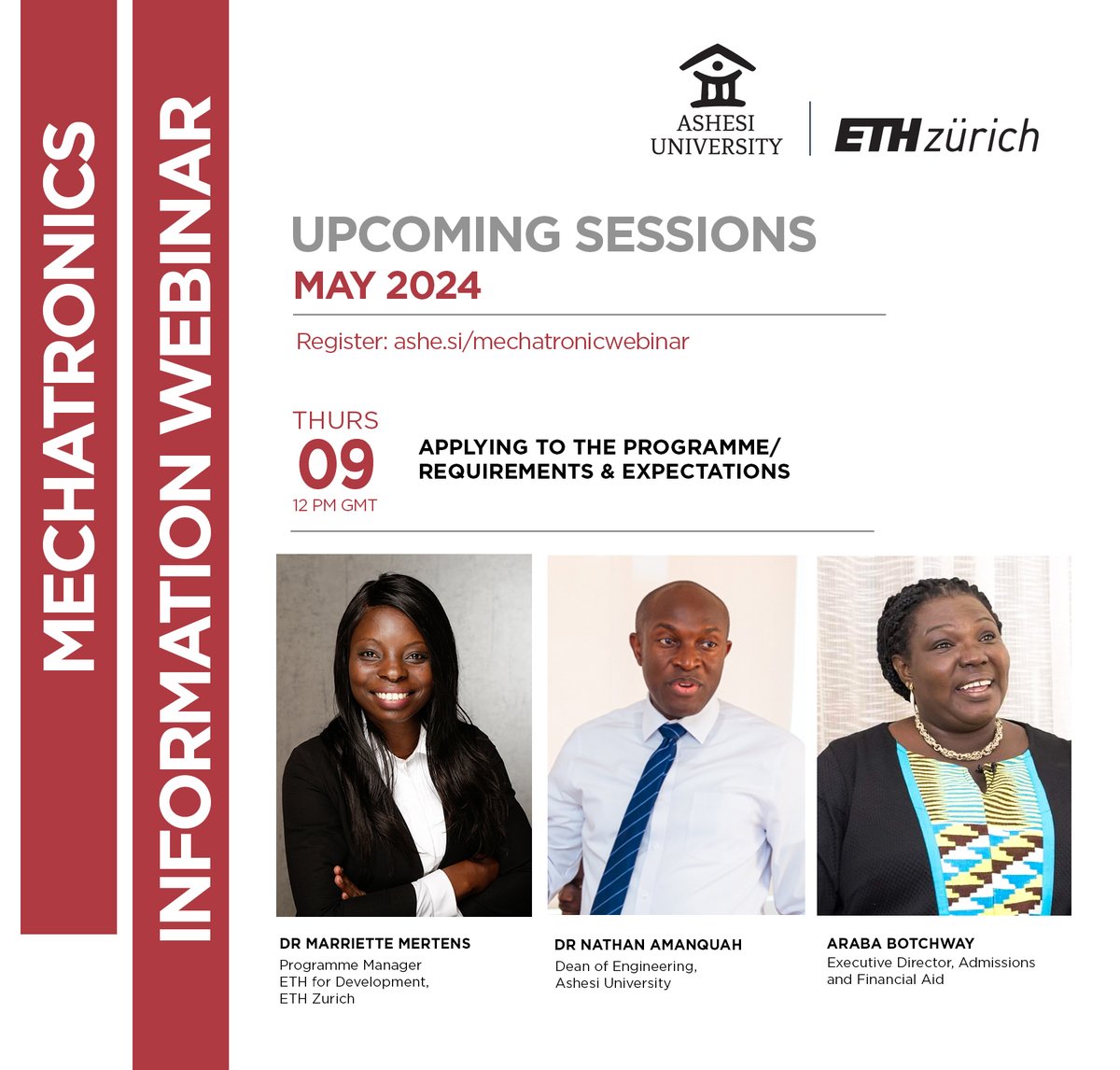 Applications are still open for our joint Master's programme in Mechatronics Engineering with @ETH_en. Join our webinar this Thursday at 12 pm GMT to interact with our faculty and admissions team. Sign up here: ashe.si/mechatronicweb… #atAshesi