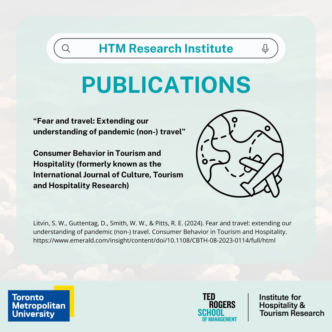 HTMResearch's tweet photo. Congratulations to Dr. Wayne Smith, an HTM Professor from Toronto Metropolitan University for his paper titled “Fear and travel: Extending our understanding of pandemic (non-) travel” published in the Consumer Behavior in Tourism and Hospitality.
https://t.co/WE5oW5Ku8Y https://t.co/6b3r1HS1dW