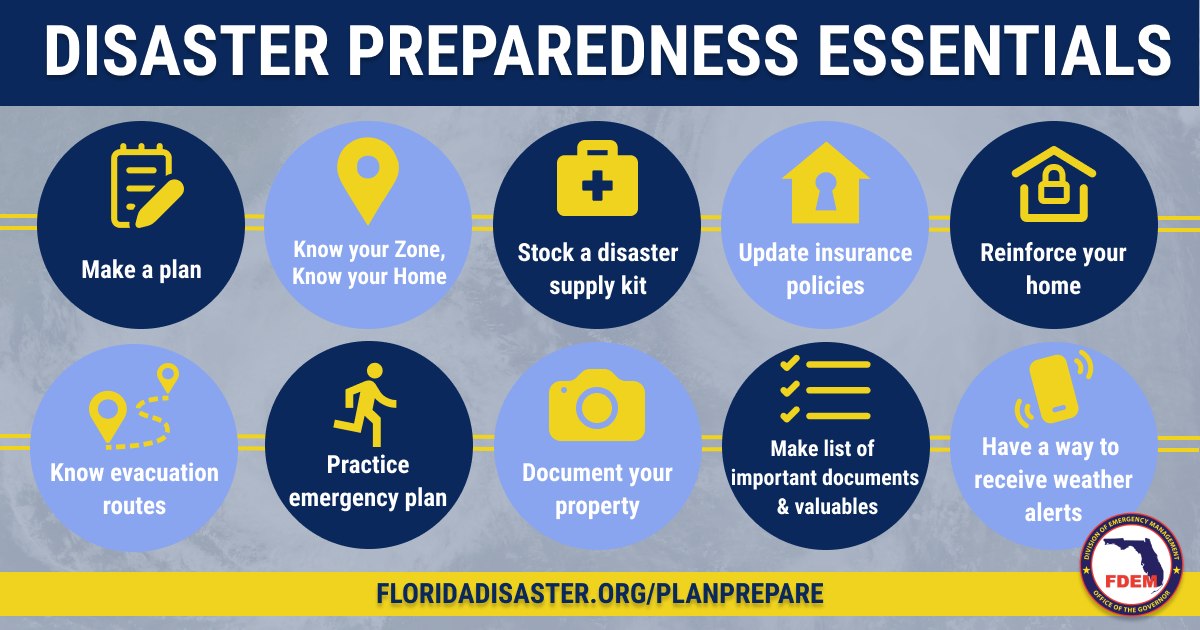 During Florida Hurricane Preparedness Week - #MakeAPlan today! Know your Evacuation Zone and stock a disaster supply kit for your vehicle. ⬇️

Follow the prep tips below & learn more disaster preparedness tips at FloridaDisaster.org/PlanPrepare