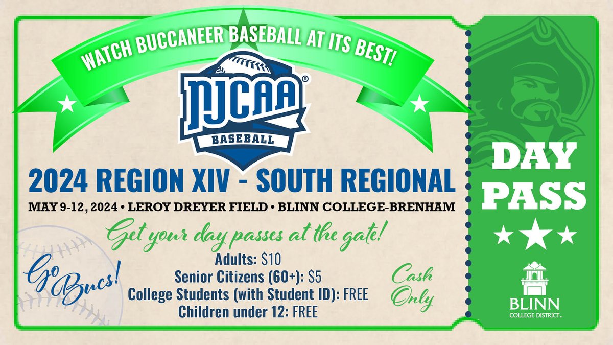 Come out to #BlinnBrenham's Leroy Dreyer Field to support @BlinnBaseball during the NJCAA baseball 2024 Region XIV-South Regional! Get a day pass to enjoy all the games! Cash only! 📅: May 9-12 Learn more ➡️buccaneersports.com/sports/baseball