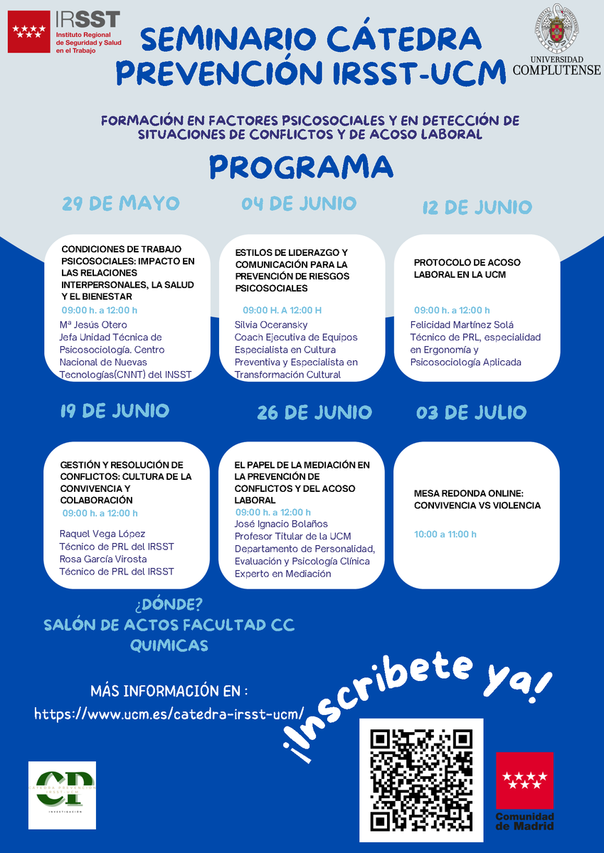 La #CatedraPrevenciónIRSSTUCM de @unicomplutensey el Instituto Regional de Seguridad y Salud en el Trabajo de @ComunidadMadrid organiza un #CicloDeSeminarios los próximos meses de mayo, junio y julio en el Salon de Actos de@quimicasUCM, más info en ucm.es/catedra-irsst-…