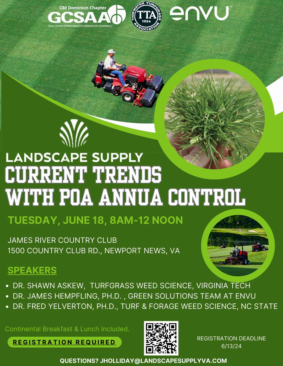 Landscape Supply invites you to join us-
'Current Trends with Poa Annua Control' 
Tuesday, June 18, 8am-12 Noon
James River Country Club
Registration Required. Space is limited. See link to register and join us for a morning of informative talks on this aggressive weed.