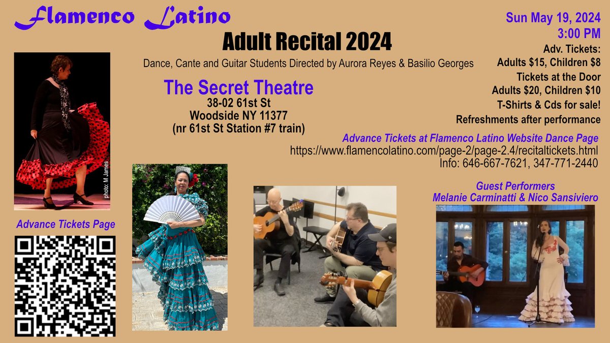 Flamenco Latino Student Recital at
The Secret Theatre, 38-02 61st Street, Woodside NY
Sunday May 19, 3-4:15
Tickets online: Adv Tickets: $15 Adults, $8 Children
Tickets at the Door: $20 Adults, $10 Children
flamencolatino.com/page-4/perform…