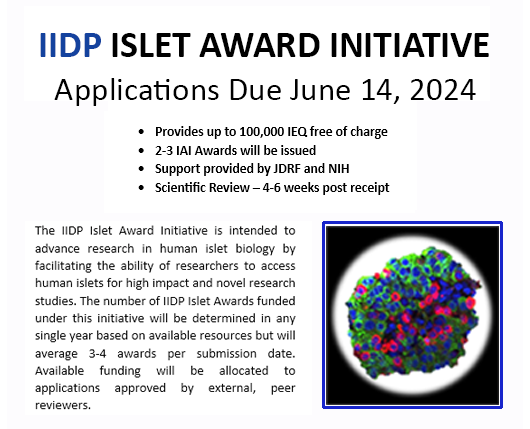 Now accepting applications for the Islet Award Initiative (IAI). Supported by JDRF and NIH, will provide up to 100,000 IEQ ($15,000) to investigators who are new to human islet research. iidp.coh.org/Investigators/… 
@NIH @NIDDKgov @JDRFResearch @cevansmo
@NilandLab @HIRN_CC #islets