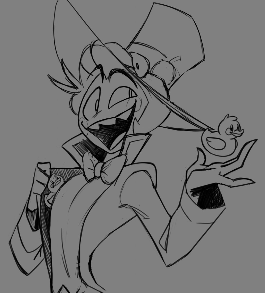 I've been drawing too much sad/evil/serious Lucifer lately. So look! This is our silly short king and his emotional support ducklings! 

#HazbinHotel #HazbinHotelFanart #HazbinHotelLucifer #sketch