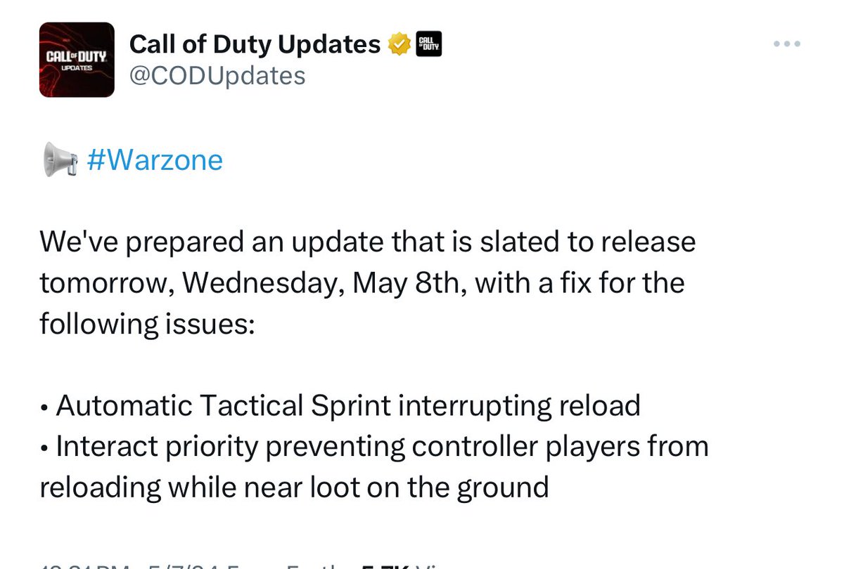 Warzone reload fix goes live tomorrow