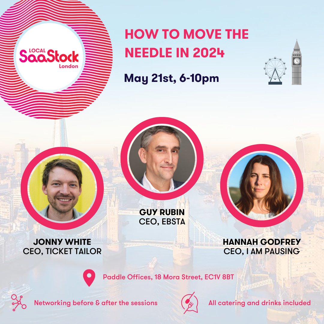 May 21st at @PaddleHQ, we'll be joined by @jonnywhite (@tickettailor), @guyrubin (Ebsta), and Hannah Godfrey (I am pausing) as they share what are they doing to build lasting value, teams that perform and inner contentment💡 buff.ly/44tYOuF #SaaStockLocal #SaaS #scale