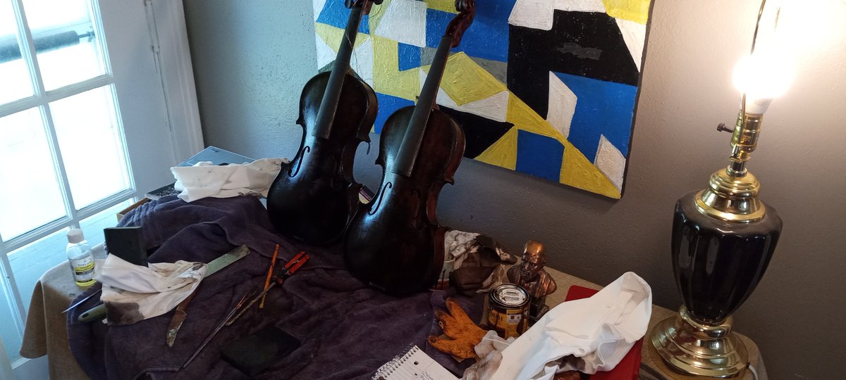 Working on my special 'Blackheart' violins. I have a work area but I still end up working up stairs. 😁 #violin