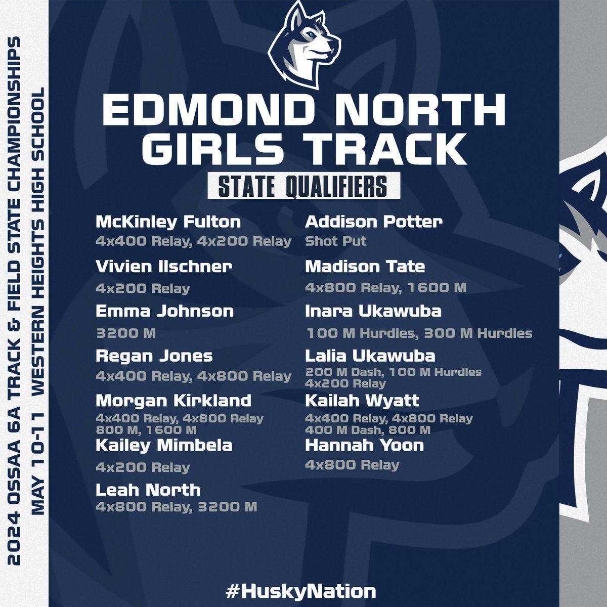 Congrats to all of our Edmond North Girls Track 2024 State Qualifiers! They will be competing in the 6A State Track Meet this Friday & Saturday at Western Heights High School! #HuskyNation #uN1ty