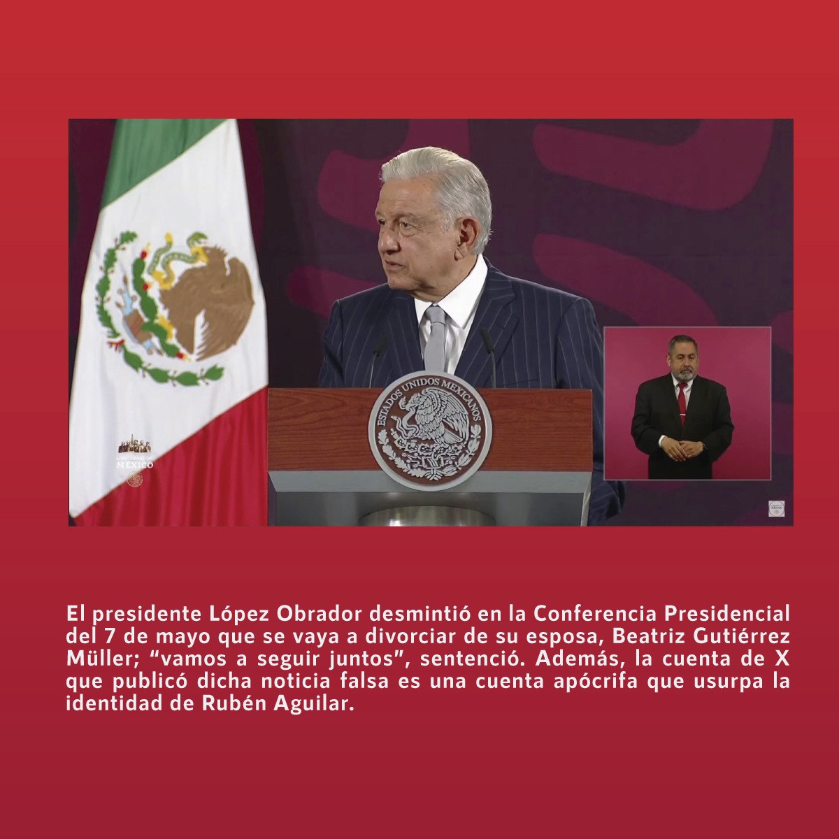 ❌Falso que el presidente #LópezObrador se va a divorciar de su esposa, #BeatrizGutiérrezMüller ✅El presidente @lopezobrador_ desmintió que se vaya a divorciar de su esposa, @BeatrizGMuller, “vamos a seguir juntos”, sentenció