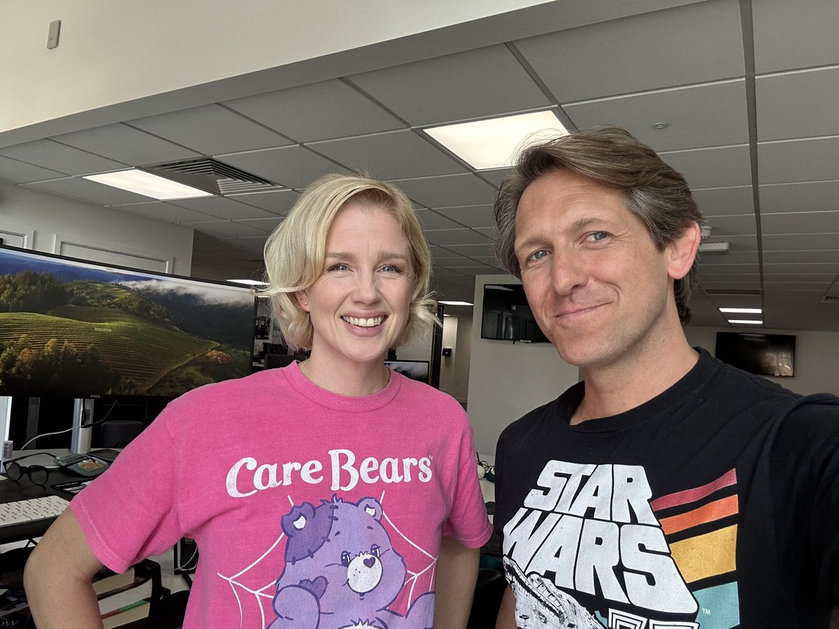 Ah. It must be ‘wear your most childish t-shirt to work day!’ And @beckyjagotv and I got the memo. Well scrub up for @itvanglia promise!