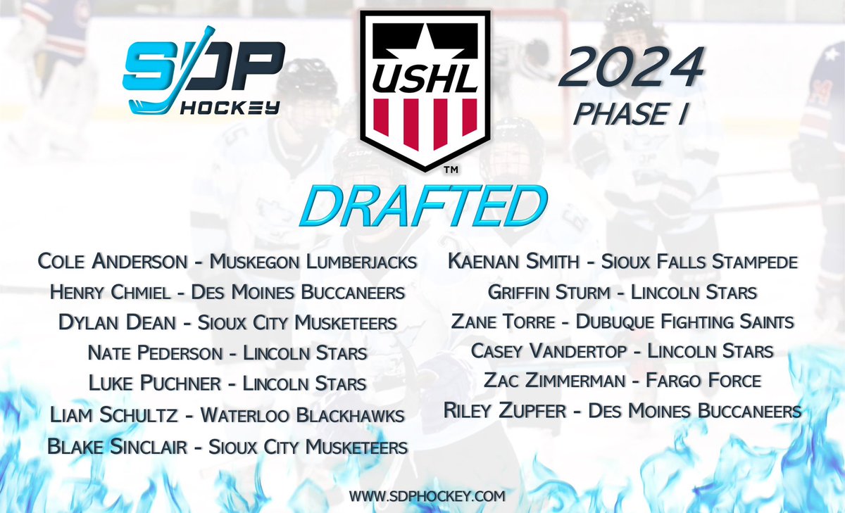 CONGRATS to these 13 players on being drafted to the @ushl! Your hard work and persistence is paying off and we are proud to have had you as part of the SDP Hockey family!