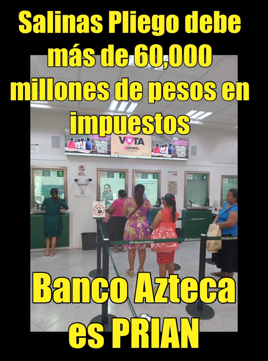 🔴Vas a votar por Xóchitl⁉️

🚨⚡️Ahora que ya sabes que Ricardo Salinas pliego dueño de Elektra y Banco Azteca están apoyando a Xóchitl Galvez ⁉️

Salinas pliego debe más de 65 mil millones de pesos en impuestos y corrompió a funcionarios de EEUU 🇺🇸