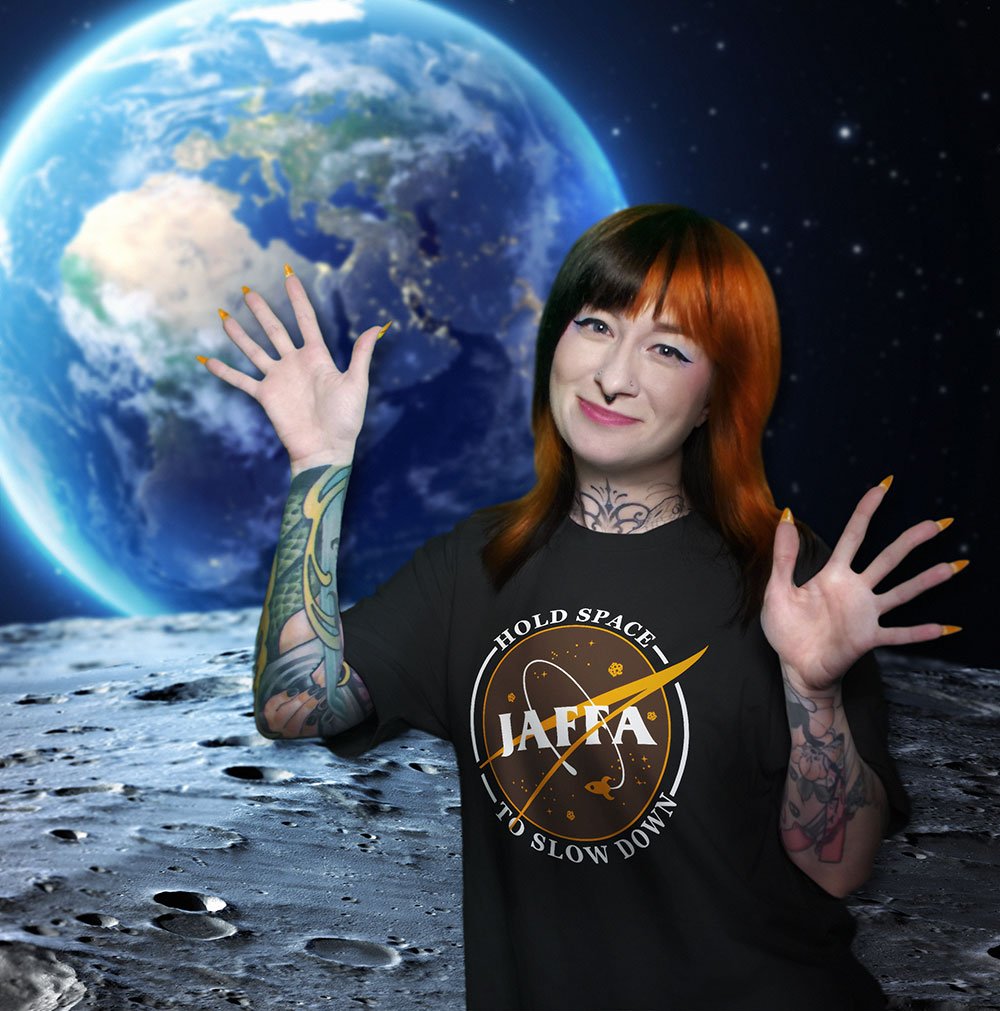Our Jaffa Space Agency tee is out of this world—literally! Watch out for any stray moon rockets, @boba_witch!