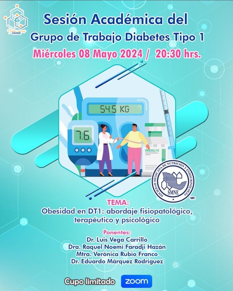 El grupo de trabajo en Diabetes tipo 1, te invitamos a nuestra próxima sesión académica, mañana 8 de mayo.
Un tema creciente DT1 y obesidad.
Inscripciones: us06web.zoom.us/meeting/regist…
 Dirigido a profesionales de la salud.