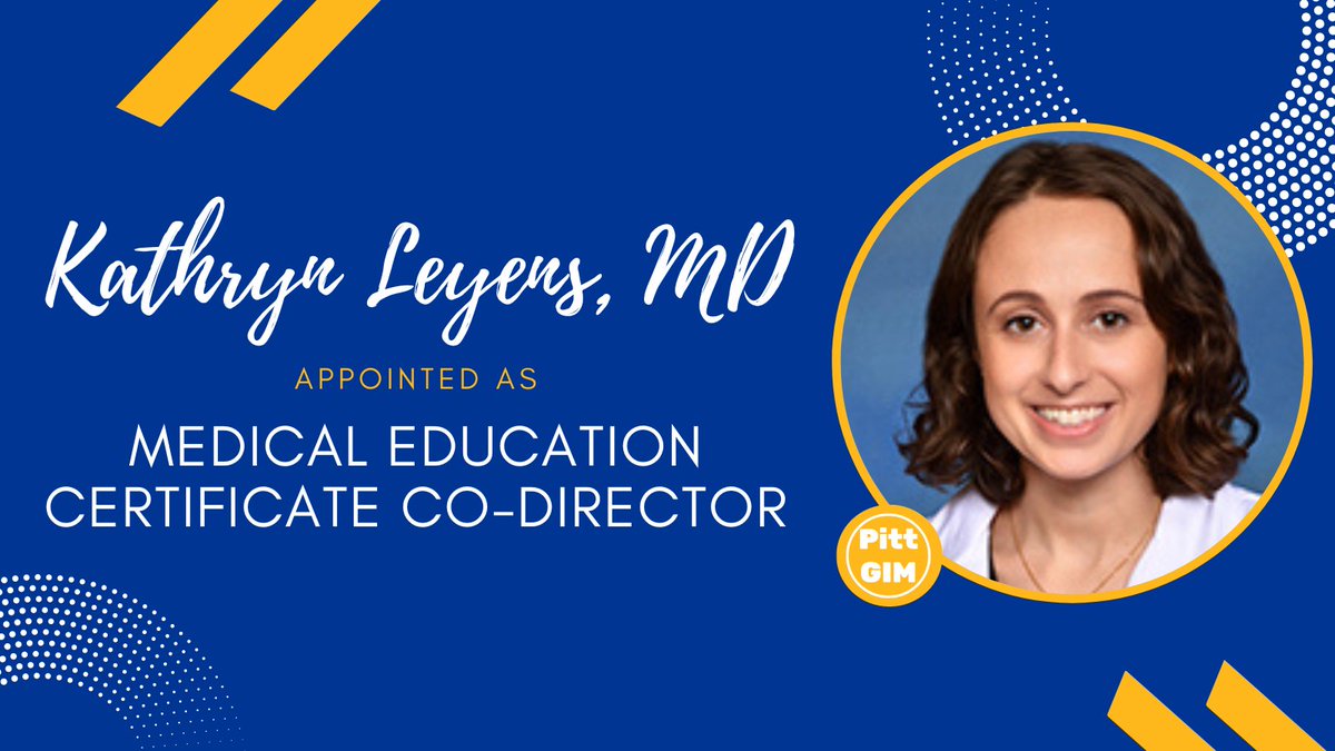 Pitt General Internal Medicine (@pittgim) on Twitter photo Congratulations to <a href="/KathrynLeyens/">Kathryn Leyens</a> for being appointed as the new MedEd Certificate Co-Director! 🎉 As a certificate graduate herself, Dr. Leyens brings a ton of ideas & energy to this role and will help us to continue to improve our clinician educator training year after year! Congratulations to <a href="/KathrynLeyens/">Kathryn Leyens</a> for being appointed as the new MedEd Certificate Co-Director! 🎉 As a certificate graduate herself, Dr. Leyens brings a ton of ideas & energy to this role and will help us to continue to improve our clinician educator training year after year!